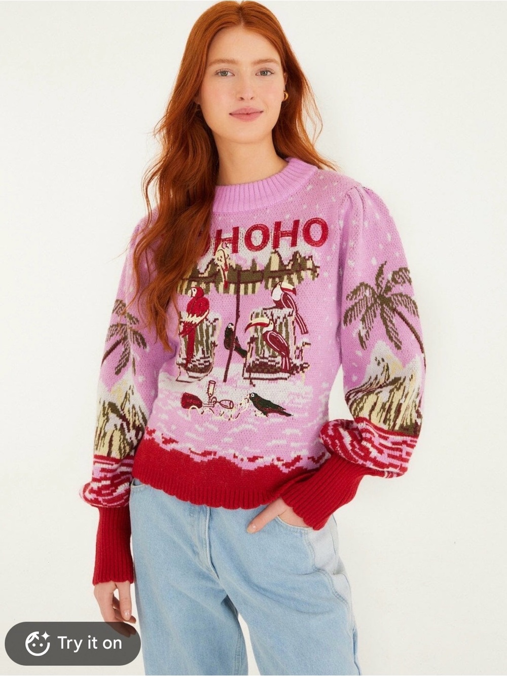 FARM Rio Pink Holiday Graphic Crewneck Sweater with Red Trim